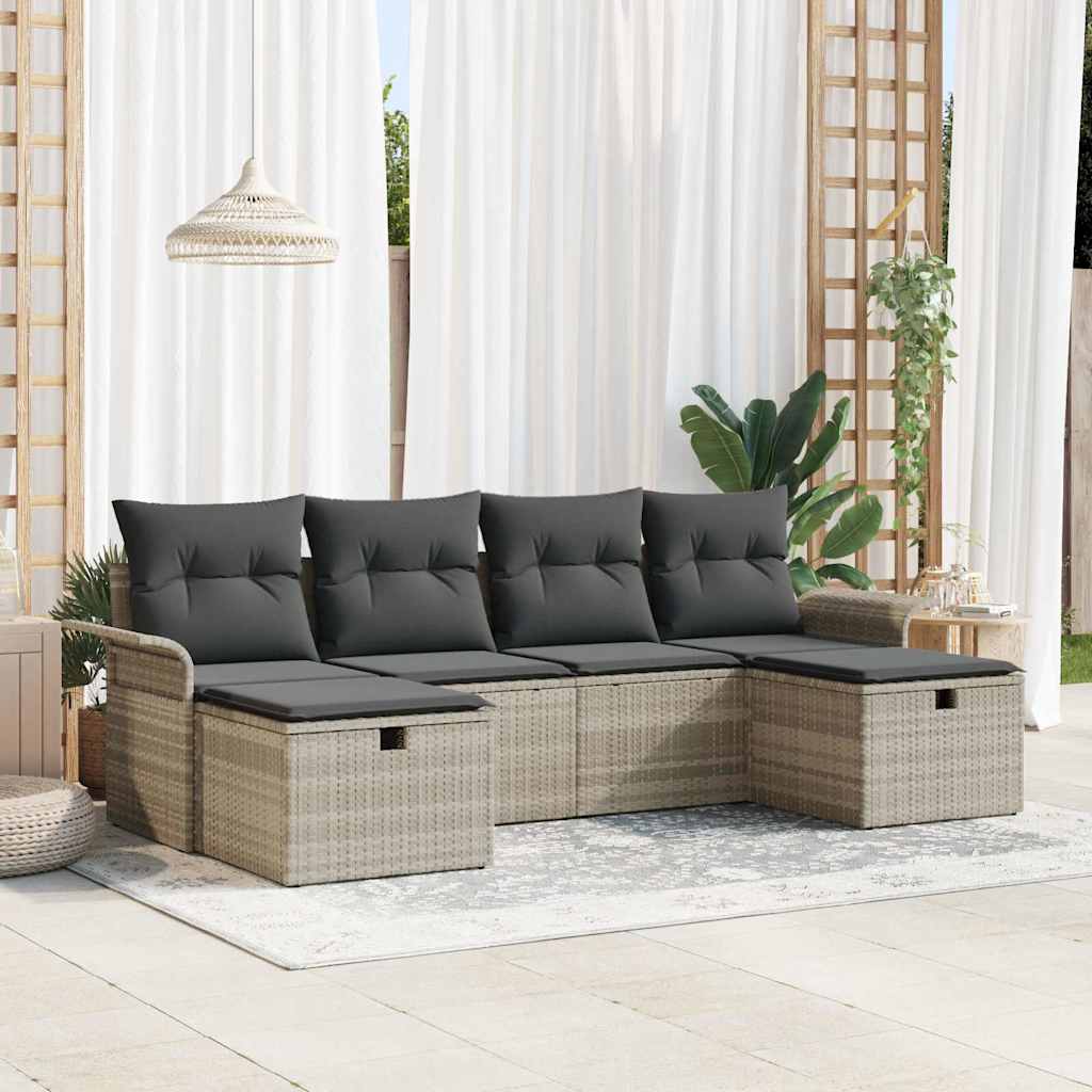 Garten-Sofa-Set mit Kissen 6 pcs Hellgrau Poly Rattan